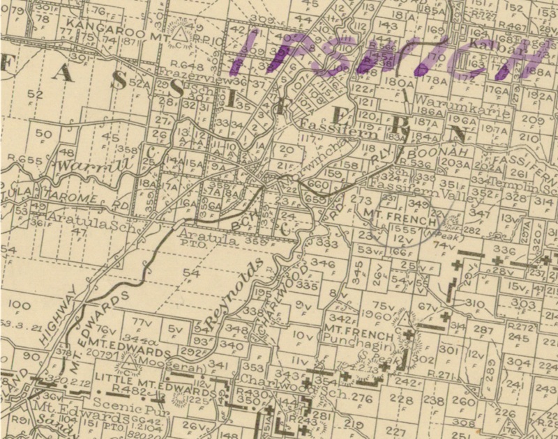Segment from QLD 2 Mile map - 1955 kalbar-to-mount-edwards-stations